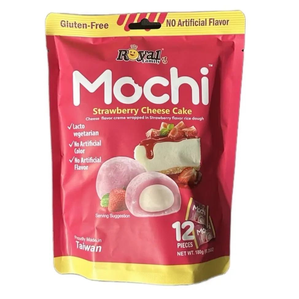 Royal Family Mochi Strawberry Cheese Cake 12 Pieces 180g Gluten-Free - Strawberry Rice Cake with Cheese Filling Sweet Snack Candy Dessert Natural Flavor Lacto Vegetarian