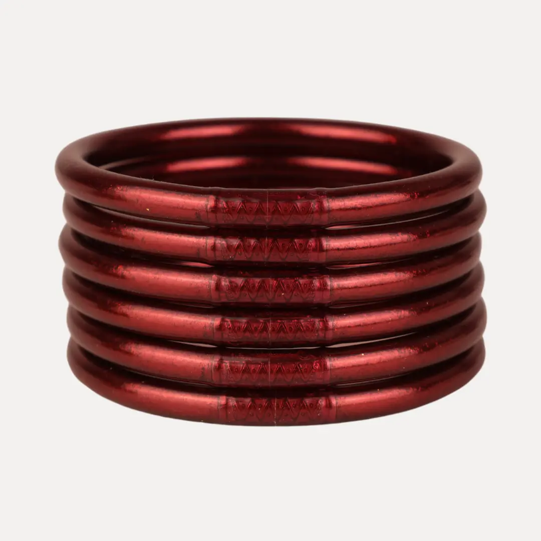Merlot All Weather Bangles® (AWB®) Stackable Bracelet Set - 6 Pcs, Tubular Texture, All Seasons, Everyday Wear Costume Jewelry Accessory