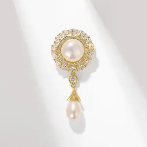 Zircon Brooch Round Water Drop Shell Pearls
