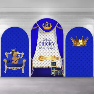 Royal Blue Gold Little Prince Baby Shower Arch Covers Stretchy Backdrop, Crown Baby Boy Is On The Way Design, Perfect for Boys Baby Shower Birthday Party Photo Backdrop