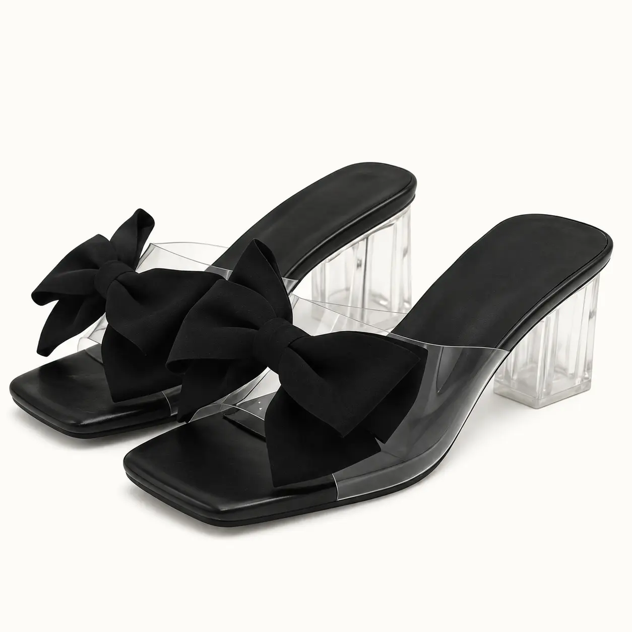 GeeYea women’s Black Bow Clear Mule Heels, Square Toe Slip-On Sandals with Transparent PVC Strap, Clear Block Heel & PVC Sole, Elegant Shoes for Party, Date Night & Spring Summer Outfits