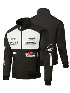Men's Spring and Autumn Jacket with Racing Speed Logos Black and White Motorcycle Jacket for Enthusiasts