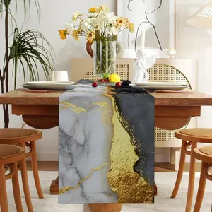 FOREVER QUEEN Cotton Linen Table Runner 13x72 Inch, Rustic Farmhouse Kitchen Dining Table Decoration,Spring Summer Home Party Décor for Wedding Anniversary Holiday (Black White Gold Marble)