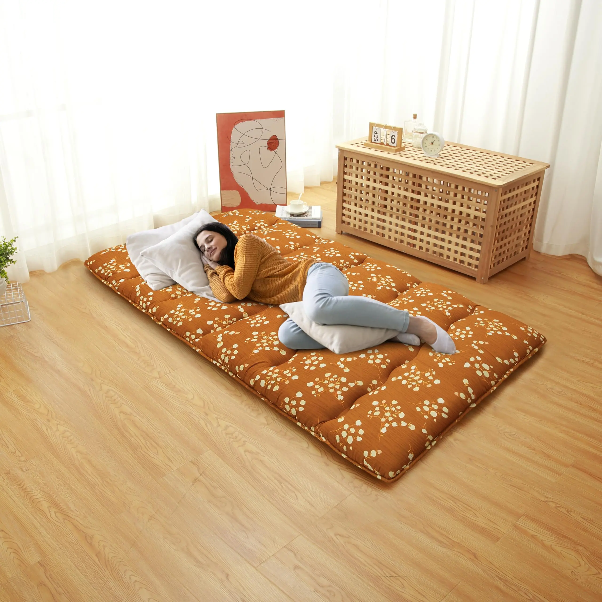 【GARVEE】Japanese Futon Mattress, Twin Size Futon Floor Mattress Japanese Style Floral Pattern Mattress for Floor, Tatami Mat, Sleeping Mattress Pad for Camping Travel, Bouquet