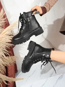 Women's Fashion Mid-Calf Boots, Side Zipper Design, Lace-Up Tactical Combat Boots for Walking & Work, Stylish Platform Short Boots