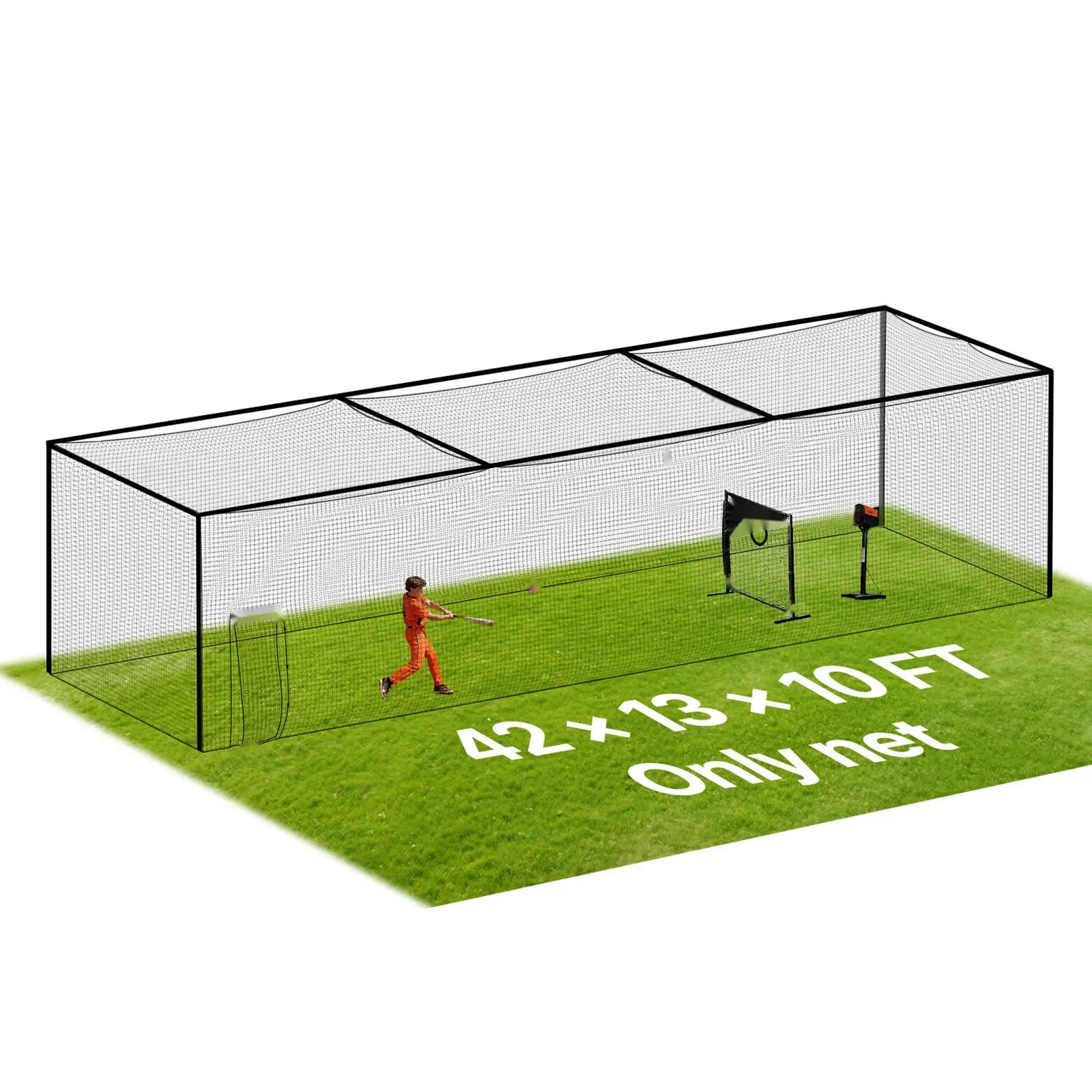 Baseball Batting Cage Net Only, Freestanding Portable Hitting Cage for Indoor and Outdoor Use, 41.7 x 12.8 x 10.1 Ft, 30-Ply Knotted HDPE Net with Carabiner Hooks, Includes Netting for Training and Practice