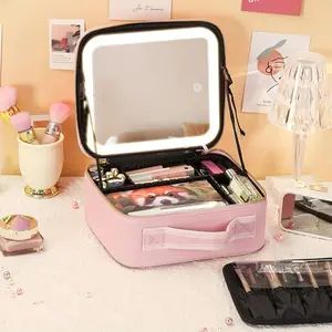 LED Lighted Travel Makeup Case, Illuminated Cosmetic Bag, Makeup Storage Organizer, Vanity Makeup Organizer, with Adjustable Dividers, Portable Organizer for Women, Compact Design, Travel Cosmetic Bags, Makeup Pouch, Travel Essentials
