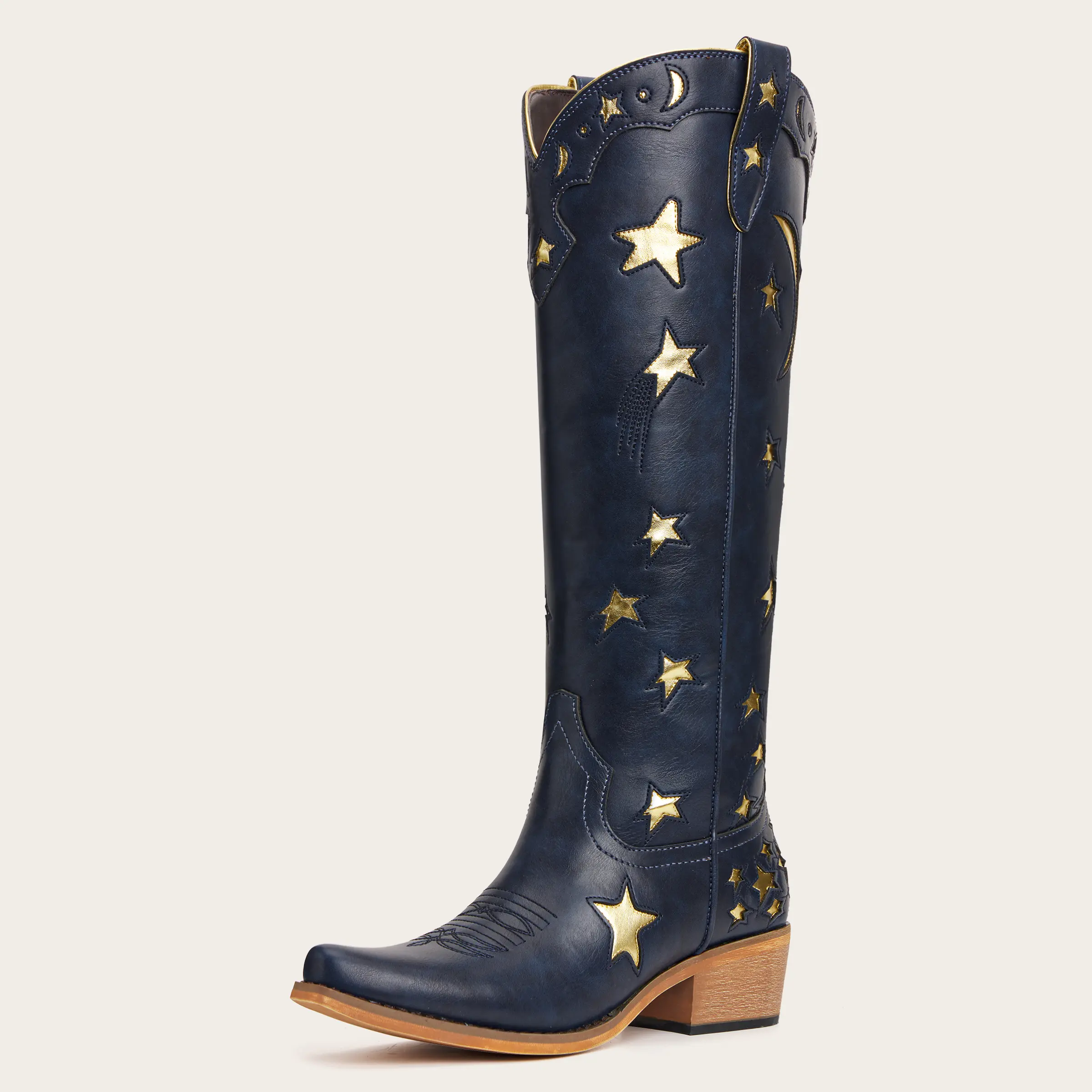 Women's Star and Moon Cut-Out Embroidered Cowboy Boots - Soft Material, Classic Western Style, Sturdy Block Heel, Western Wear for Women, Evening Outfits & Concerts Walking Shoes