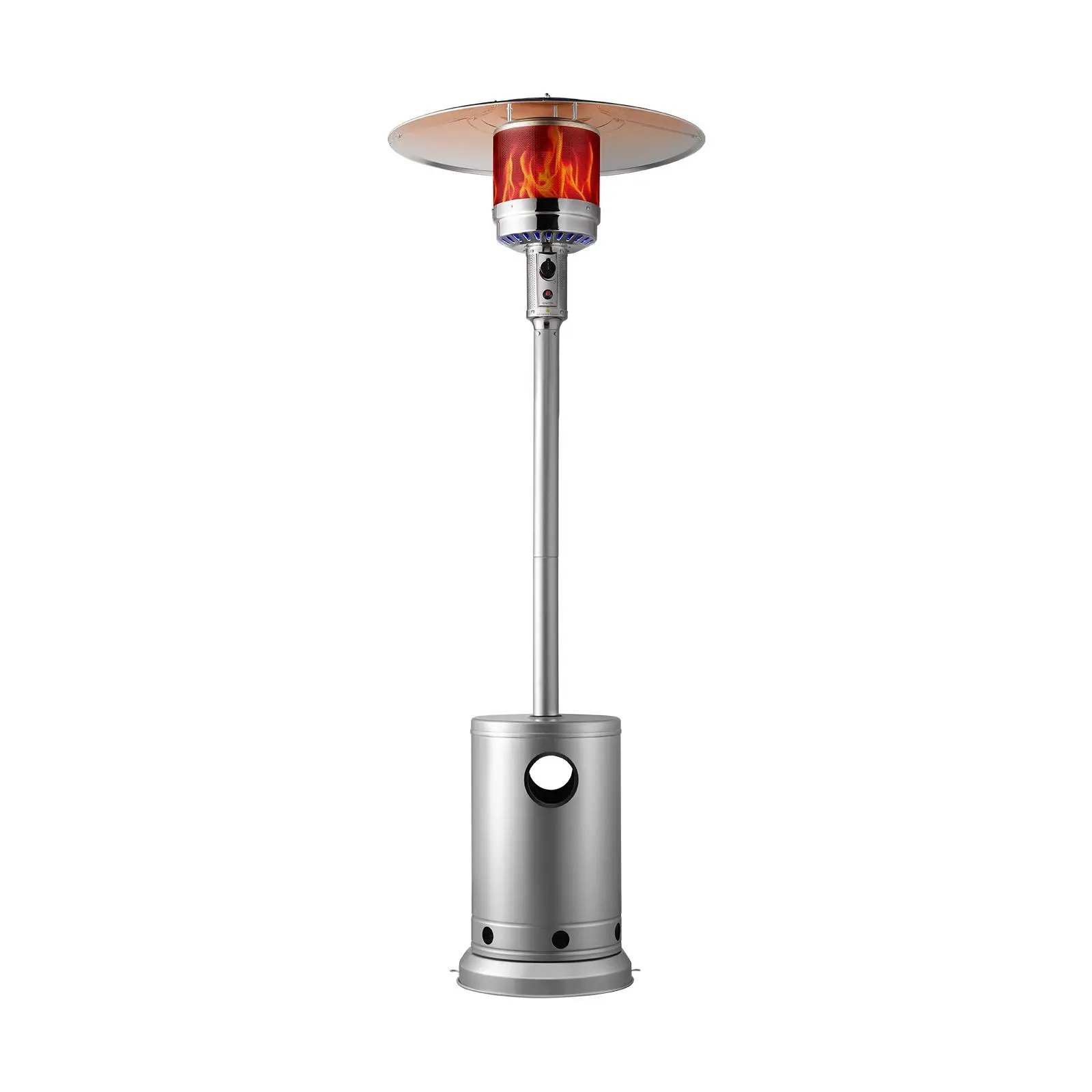 【summerfinds】VEVOR Patio Heater for Outdoor Use, 50000BTU Propane Heater Tall Hammered With Round Table Design, Metal Burner and Wheels, Fixed Outdoor Patio Flame Heater for Patio, Party, Backyard, Garden, Silver