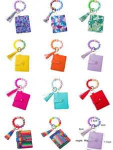 Women's Silicone Bead Bracelet, Sport Keychain, PU Leather Card Holder, Fringe Pendant, Multicolor Wrist Key Ring, 1pcs