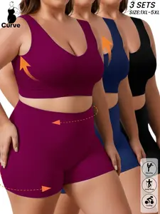 Plus Size Women's Yoga Fitness Set, Sportswear for Gym, Seamless High Stretch Design, Breathable Back Cutout Sports Bra & High Waist Shorts, Ideal for Yoga and Workouts, All Seasons