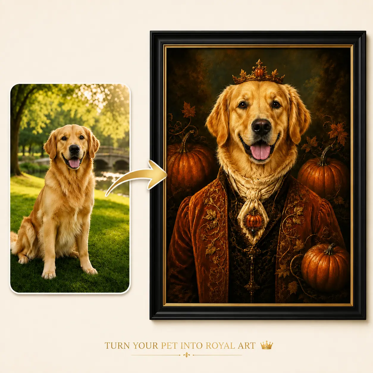 Custom Pet Portrait Canvas, Personalized Pumpkin Royal Dog Portrait, Luxury Royal Pet Oil Painting Wall Art, Halloween Gift for Dog Lovers, Custom Dog Memorial Gift Decor Ornaments Print Photo Room Artistic