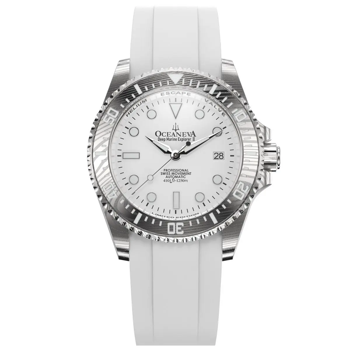 Oceaneva Men's Deep Marine Explorer II - 1250M Swiss Dive Watch with Damascus Steel White Dial & White FKM Rubber Band
