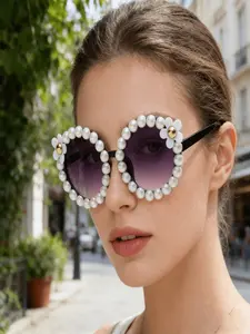 Pearl Trim Water Drill Flower Sunglasses, Gradient Lens, Perfect for Wedding, Party, Beach, Music Festival, Daily Wear, Date Night