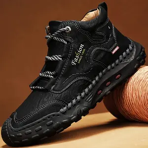 Mens Durable Hiking Boots] Durable Lace-Up  SpoVintage Letters Print Lace Up Mid Top Sneakers  Men's High Top Boots - All-Season Microfiber Synthetic Shoes with Rubber Sole for Hiking & Outdoor Activities