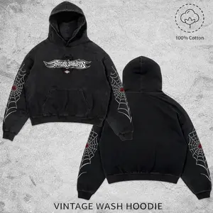 Harley "Hog" Style Motorcycle Spider Web Vintage Washed Hoodie Motorcycle Rider Streetwear Chopper Style Pullover, Y2K Motorcycle Pullover Hoodie, Motobike Riders Dirt Bike Fan Gear Cotton For Motor Fan