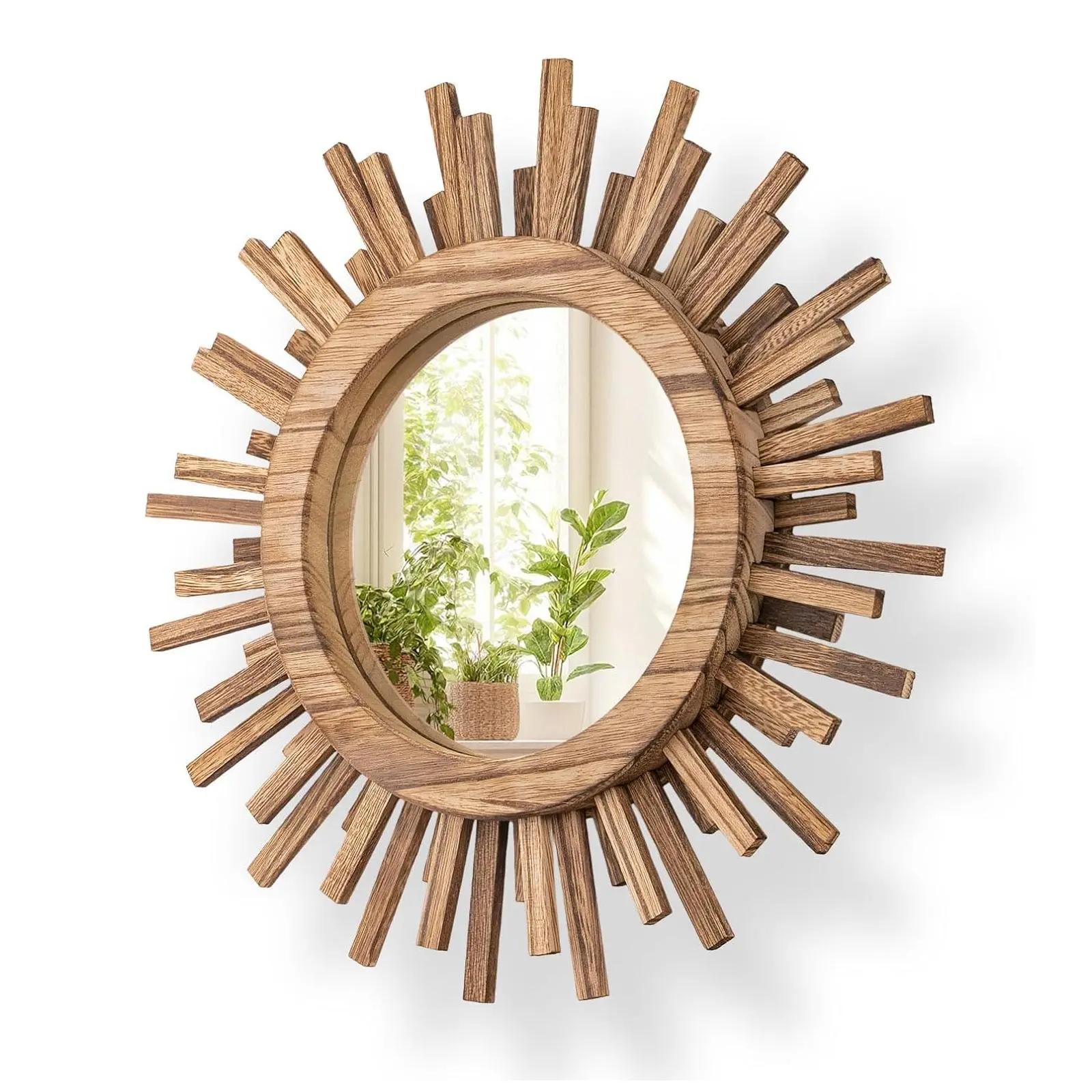 Boho Sunburst Mirror for Bedroom Living Room Bathroom, 12 Inch Round Wooden Wall Decor, Starburst Sun Mirror with 5.9 Inch HD Glass, Rustic Brown Farmhouse Entryway Hallway Balcony Wall Mounted Accent Mirror