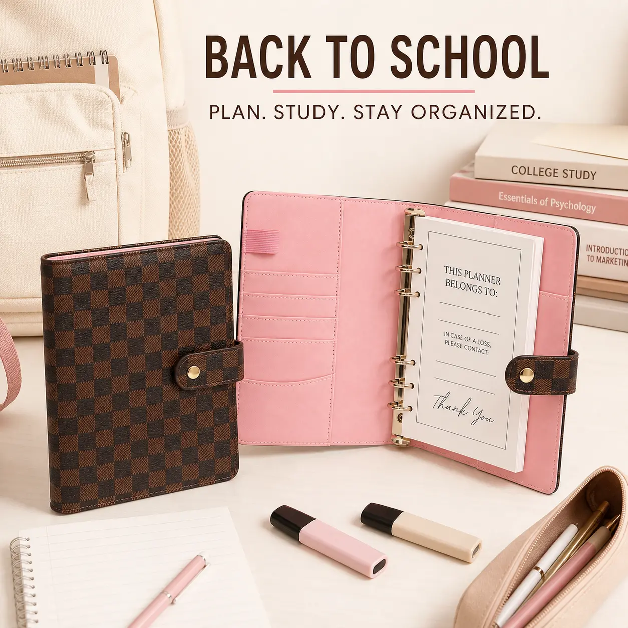 Back-to-School A5 Refillable Planner Binder, Checkered PU Leather 6-Ring Notebook with 80 Grid Pages, Card Slots, Pen Loop & Snap Closure, Practical Budget Planner, Personal Journal and Work Notebook for College, Notes & Mood Tracking