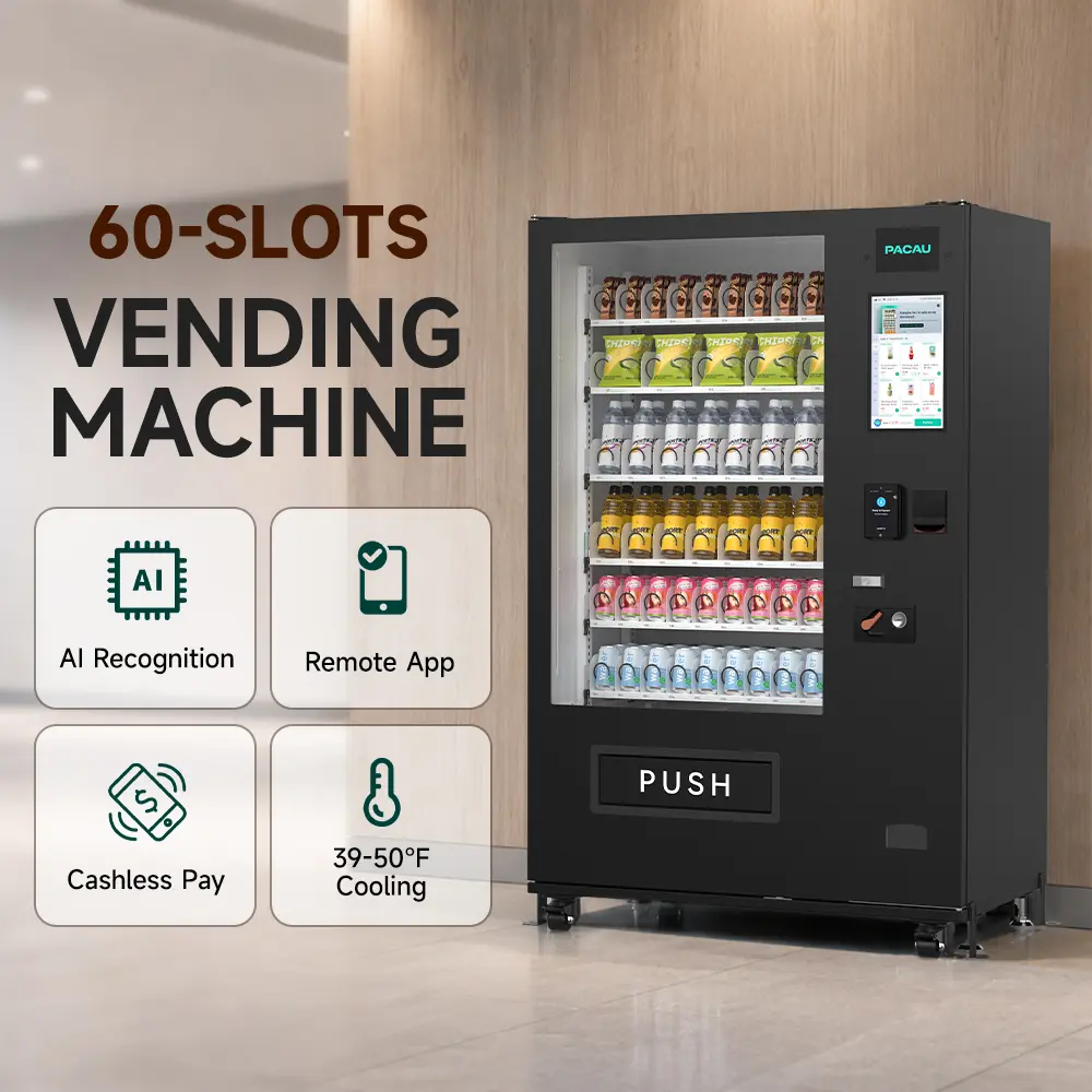 PACAU 60-Slot Commercial Vending Machine for Sale, Refrigerated Snack & Drink Combo Vending Machine with 15.6'' LCD Display, Credit Card NFC Bill & Coin Payment, Smart Vending Machine for Business