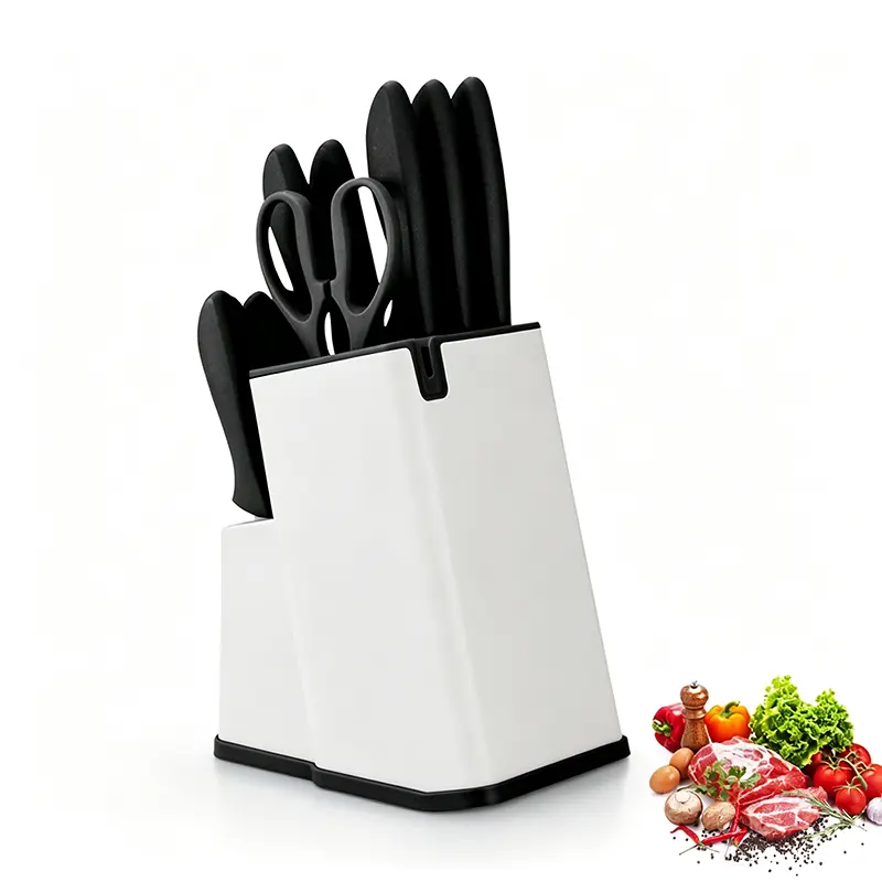 15 Pieces Kitchen Knife Set with Plastic Handle & Transparent Storage Block, Includes Kitchen Scissors & Knife Sharpener, Multipurpose Knives for Meat, Vegetables & Steak, Easy to Clean Washable Modern Kitchen Tool Gift Set