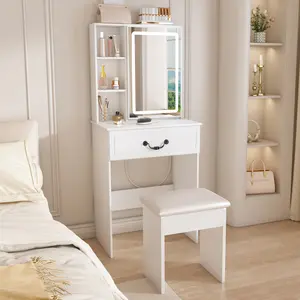 Modern Mini Makeup Vanity Desk Dressing Table with Stool, LED-lit Mirror & Hidden Storage,Includes Padded Stool,Adjustable Brightness Vanity Desk,Multi-tier Dust-proof Shelves,White
