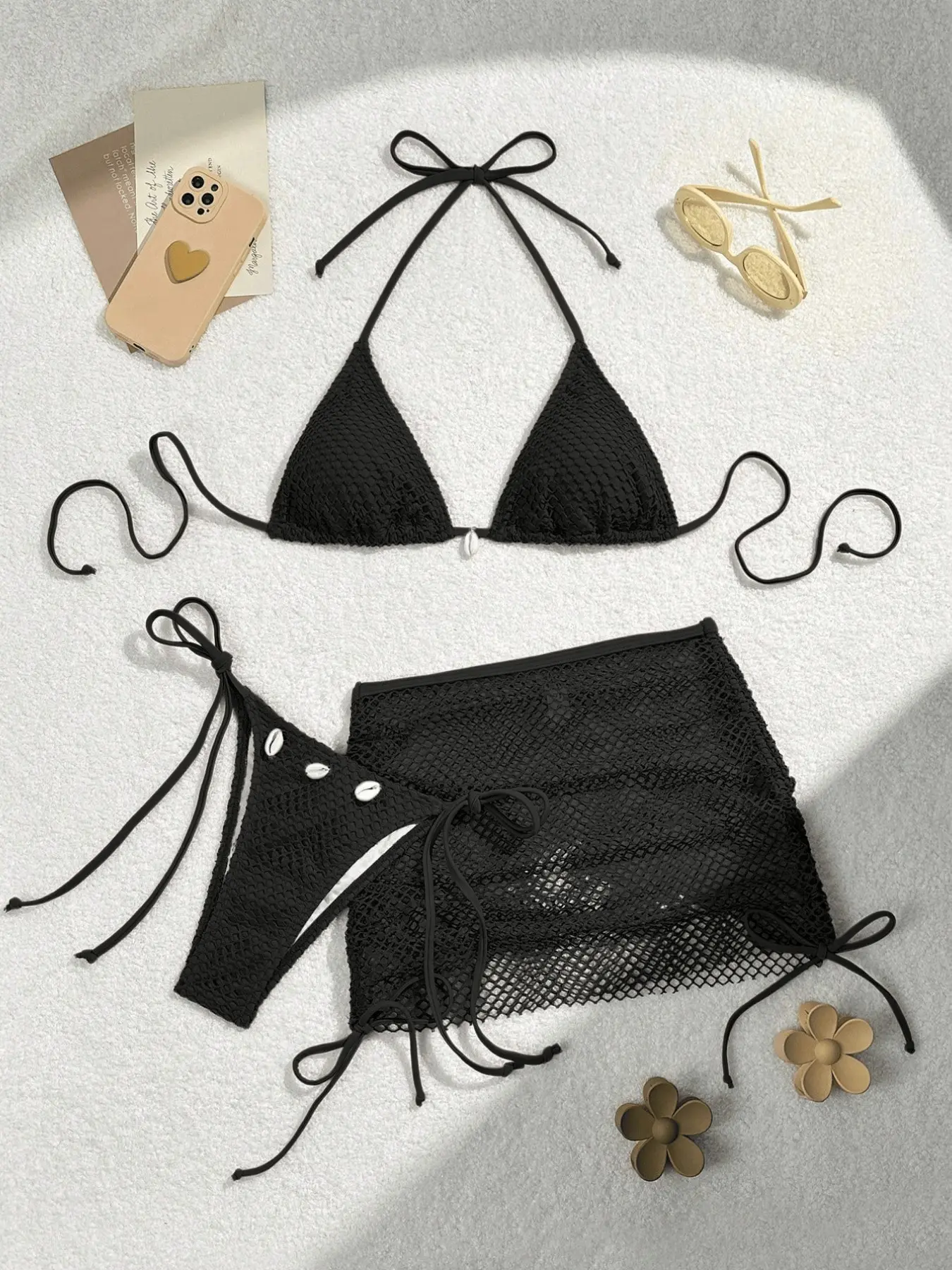 Three-Piece Set Women's Solid Bikini Set, Casual Fishing Net Cover Up Skirt & Swim Top & Swim Bottom, Fashion Chic Ladies Bathing Suit for Beach Holiday Vacation