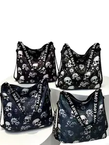 Extra Large Skull Floral Hobo Bag, Fits Laptop, Stain-Resistant, Adjustable Love Webbing Strap, Perfect for Work, Commute, Outdoors