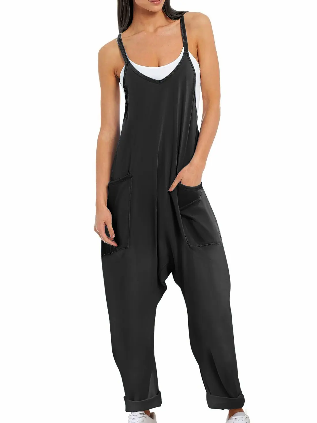 Ekouaer Women's Overalls, Lightweight Stretchy Loose Fit Jumpsuit with Adjustable Straps, V-Neck Sleeveless Romper with Pockets, Beach, Fashion, Baggy, Style, Essential, Basic, Spaghetti, Chic