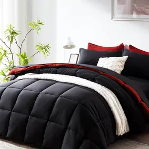 Comforter Set 7 count, Black and Red Bed in a Bag, All Season Lightweight Soft Reversible Bedding Sets, 1 Comforter, 1 Flat Sheet, 1 Fitted Sheet, 2 Pillow Shams, 2 Pillowcases