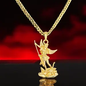 Saint Michael Archangel Pendant & 14K Stamped 5mm 20" 24" Brass Cuban Chain Hip Hop Style High-End Necklace Fashion Jewelry