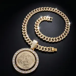 Mexican Centenario 50 Pesos Coin Necklace – 14K Gold Plated Iced Out CZ Spinning 360° Rotating Pendant, Hip Hop Cuban Style Bling Jewelry for Men Women