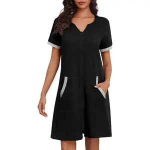 Women Zipper Robe Waffle Short Sleeve Bathrobes Lightweight Knee Length Housecoat with Pockets S-3XL
