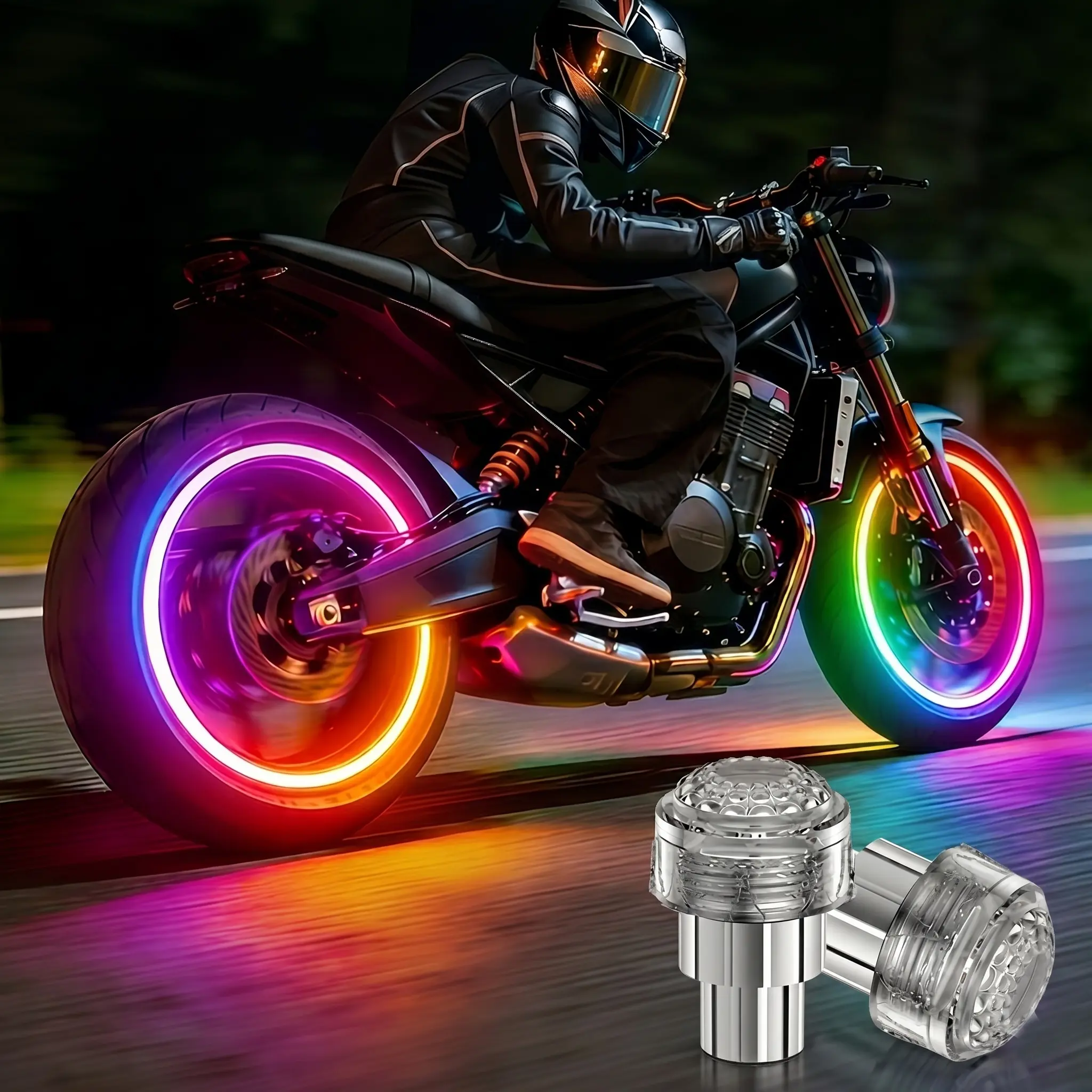RGB LED Motorcycle Wheel Lights, Universal Neon Tire Valve Cap Glow, Enhanced Night Visibility Safety for Bikes & Cars, Colorful/Ice Blue(2/4 PCS)