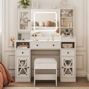 44.5" W Large Vanity Desk with Mirror,Cushioned Stool Makeup Vanity Table Set with Adjustable LED Lights and Power Outlet,Storage Drawers,Shelves for Bedroom Dressing Room White Charging Station
