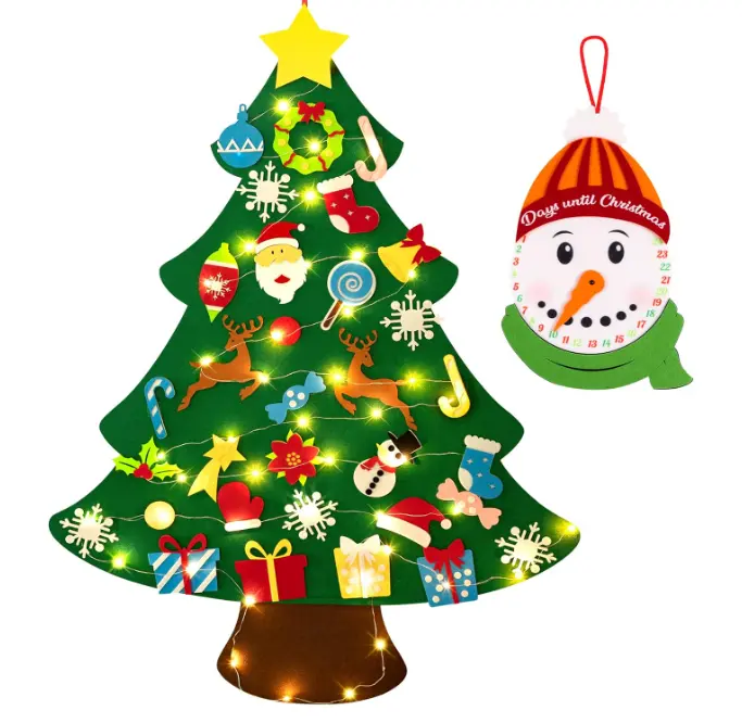 jollylife 3ft DIY Felt Christmas Tree Set + Snowman Advent Calendar - Xmas Decorations Wall Hanging 33 Ornaments Kids Gifts Party Supplies