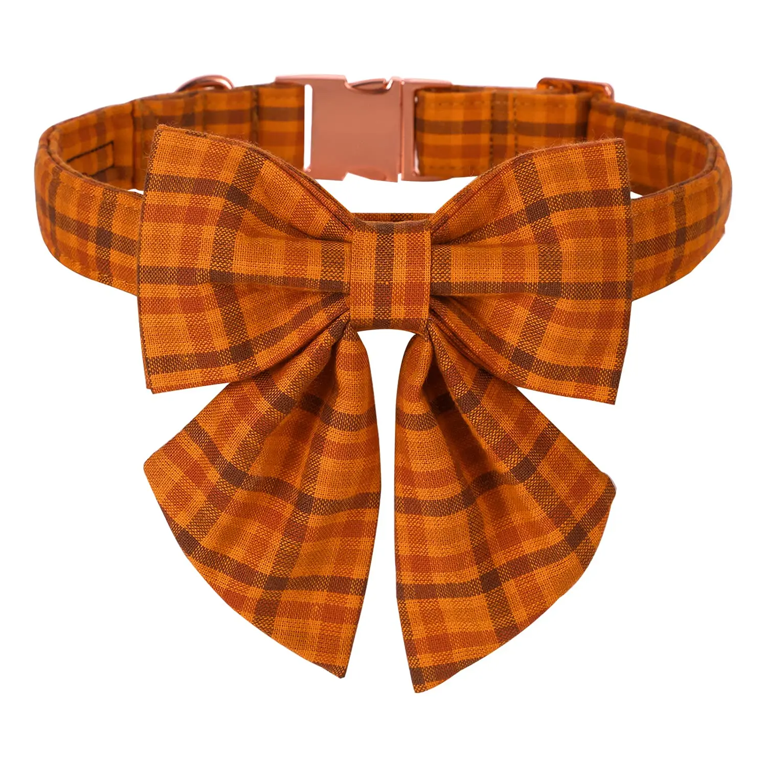 Maca Bates Fall Pumpkin Plaid Dog Collar with Sailor Bow Tie - Cotton Fabric, Adjustable Strap, Multi-Size Secure Buckle Soft Collar for Small, Medium, Large Dogs