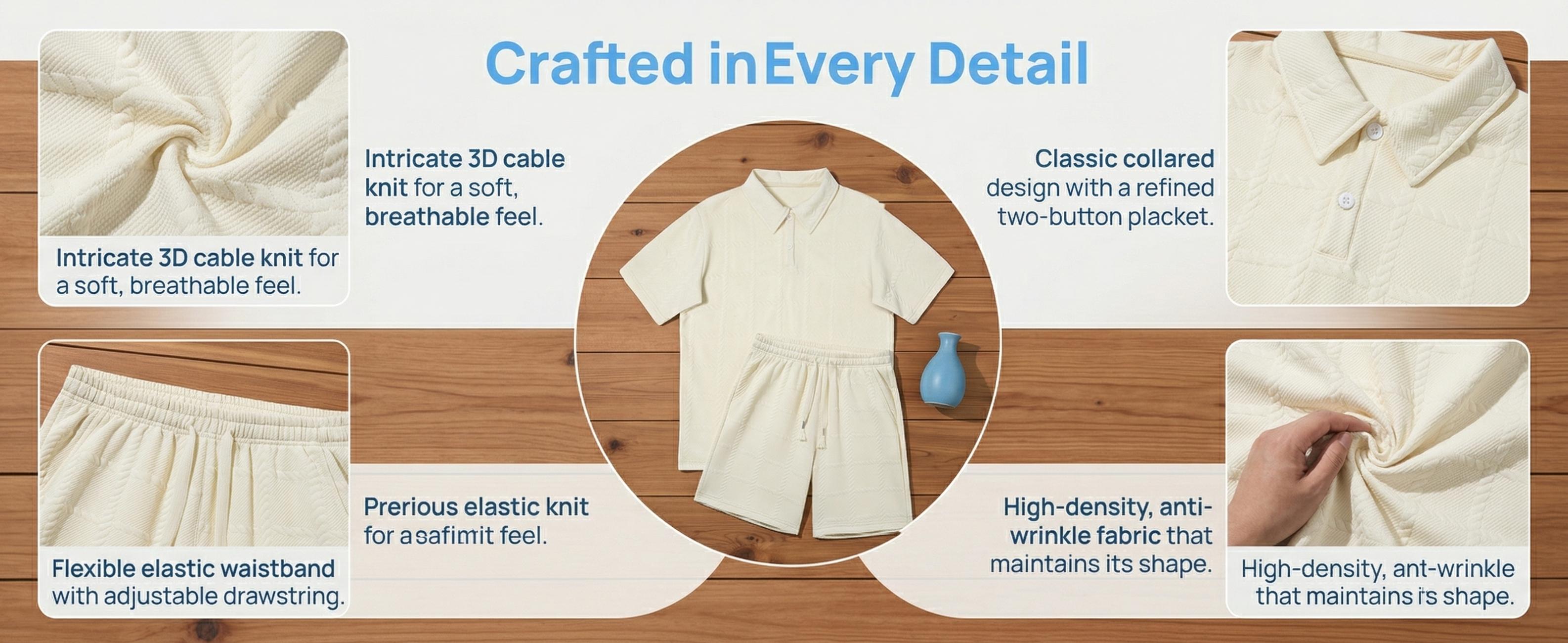 Men's 2 Piece Loungewear Set, Textured Polo Shirt & Shorts for Home & Streetwear