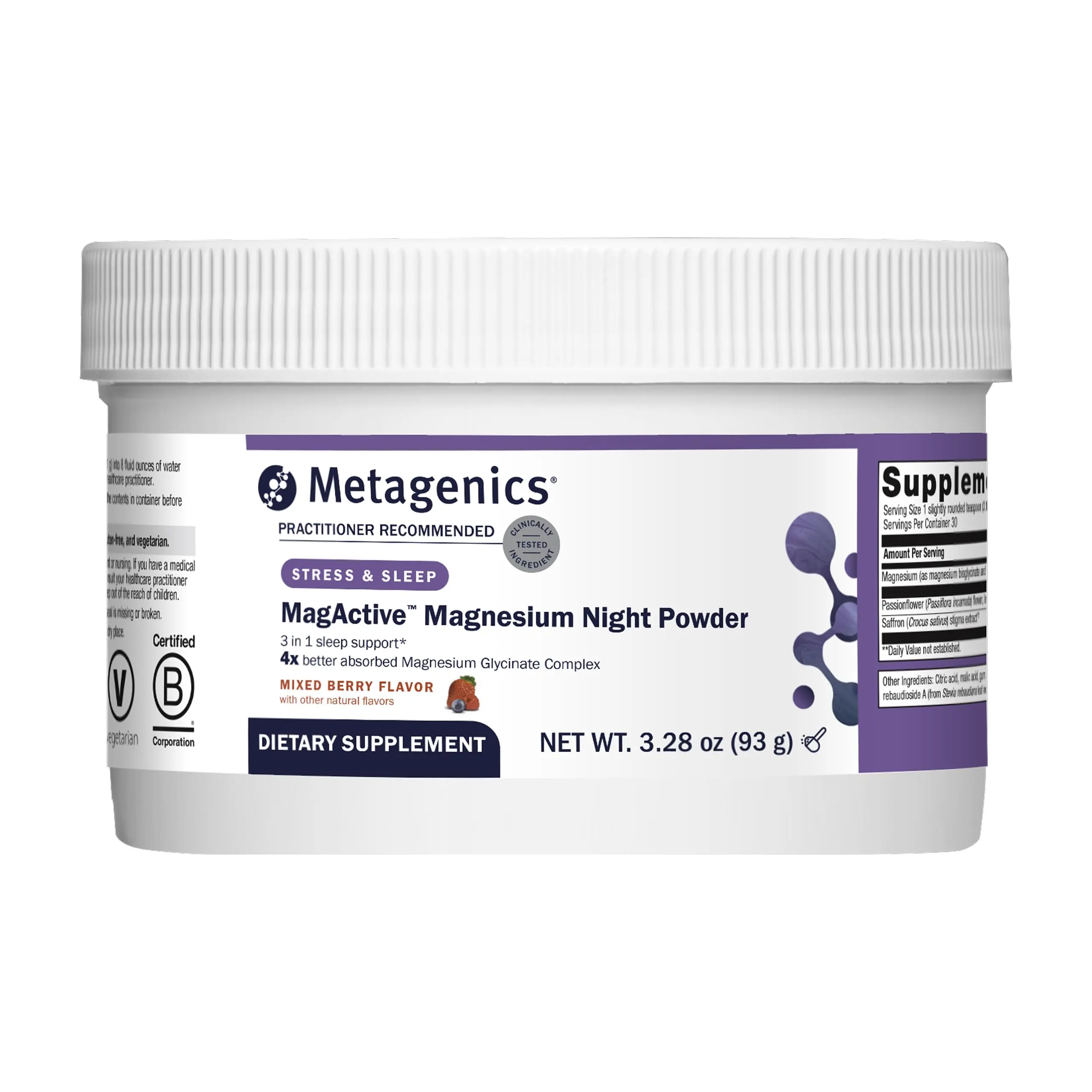 Metagenics MagActive Magnesium Night Powder - Sleep Support Supplement - Aids Healthy Sleep-Wake Cycle - Contains Magnesium, Passionflower & Saffron - Melatonin Free - 93 g, Mixed Berry Flavor