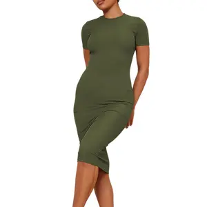 Women's Summer Short Sleeve Ribbed Casual Dresses Crew Neck Bodycon Midi Dress