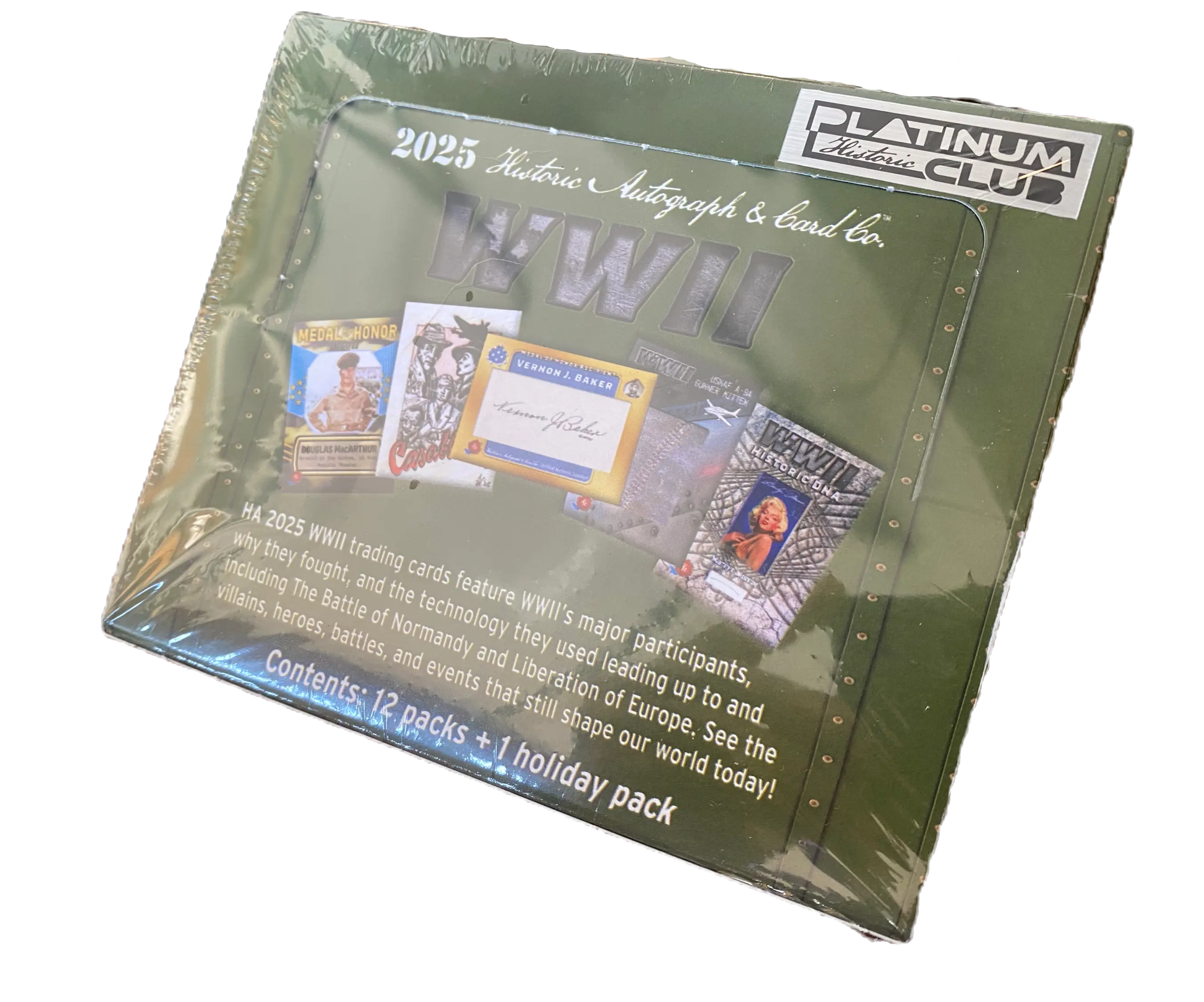 2025 WWII Hobby Box 12 Packs - Historic Autographs with 4-card Packs & 2-card Holiday Pack Featuring Major Participants & Battle of Normandy Relics