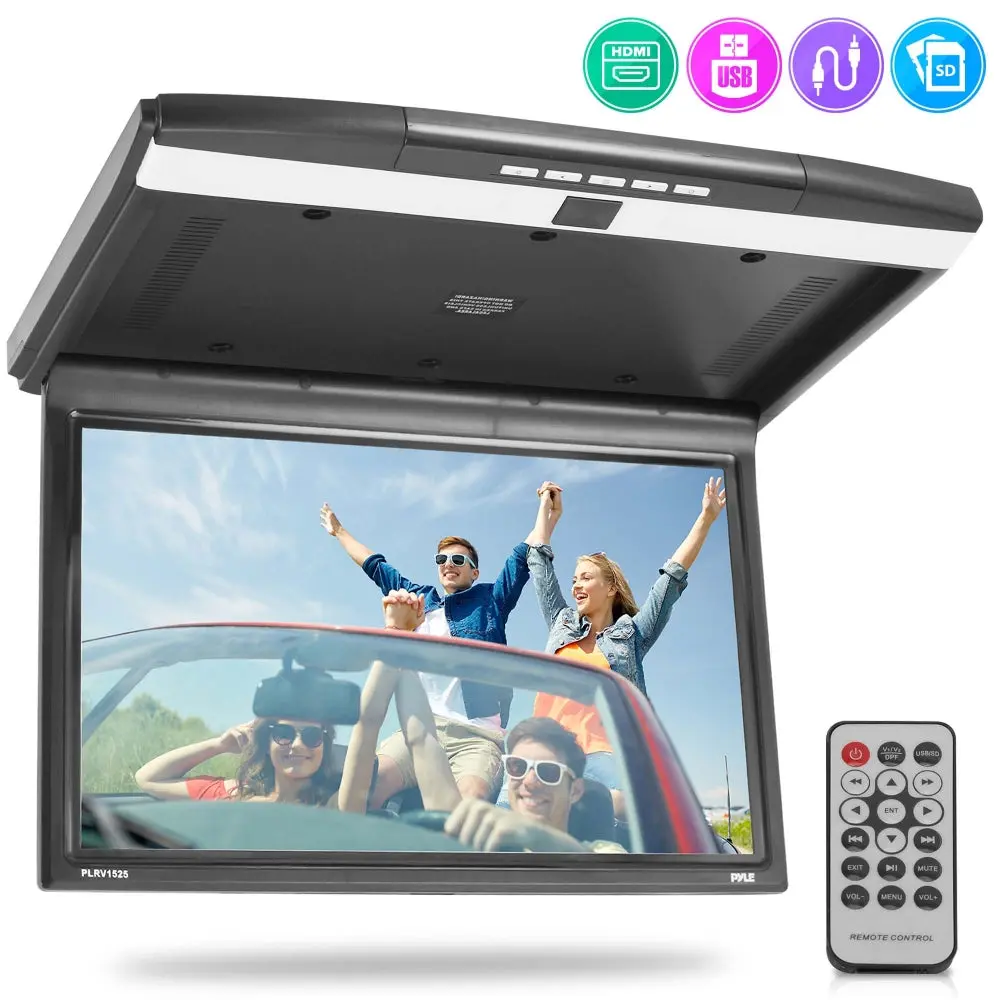 15.6" Flip-Down Car TV Monitor | Overhead Roof Mount LCD Screen with LCD with 1680x800 Resolution, HDMI Input, USB/TF Playback, Built-in Stereo Speakers, IR & FM Transmitter - Car Backseat Video Entertainment Screen