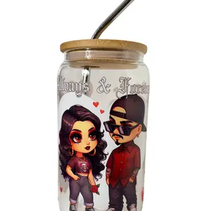 Glass Cans 12oz - Round Round with Images - Durable Glass, Perfect for Various Beverages, Ideal for Gift Giving - Drinkware