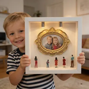 DIY Museum Photo Frame(6.7*6.7*1.58inch),DIY Picture frame with 1*Mini Frames & 5* Figures,Mini LED lights - The Ultimate Personalized Gift for Kids ,Pets(Photo Size2*2inch)