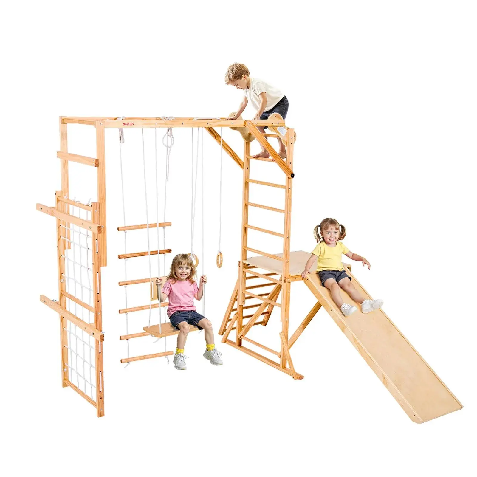 【Summerfinds】VEVOR Indoor Playground Jungle Gym,  8-in-1 Wooden Indoor Playground for Kids, 220LBS Montessori Climbing Toys Playset with Slide, Swing, Monkey Bar, Gym Rings, Wooden / Rope Ladder, Climbing Net & Bar