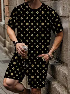 Men's 3D Digital Print Two-Piece Set, Full Print Floral Pattern Short Sleeve Set, Trendy Short Sleeve Shorts Set, Perfect Holiday Gift