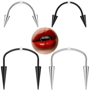 16G Vampire Fangs Smiley Piercing Jewelry Black Angel Fang Piercings Kit Long Spike Teeth Ring Gothic Lip Rings Face Halloween Jewelry
