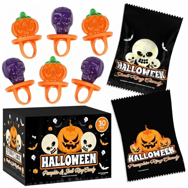 30 Pack Halloween Ring Candy - Individually Wrapped Pumpkin And Skull Lollipops – Trick Or Treat Strawberry And Tutti Frutti Suckers - Bulk Halloween treats Great Use, For Kids, Party Favors, Classrooms , Goodie Bags, Boo Basket Stuffers