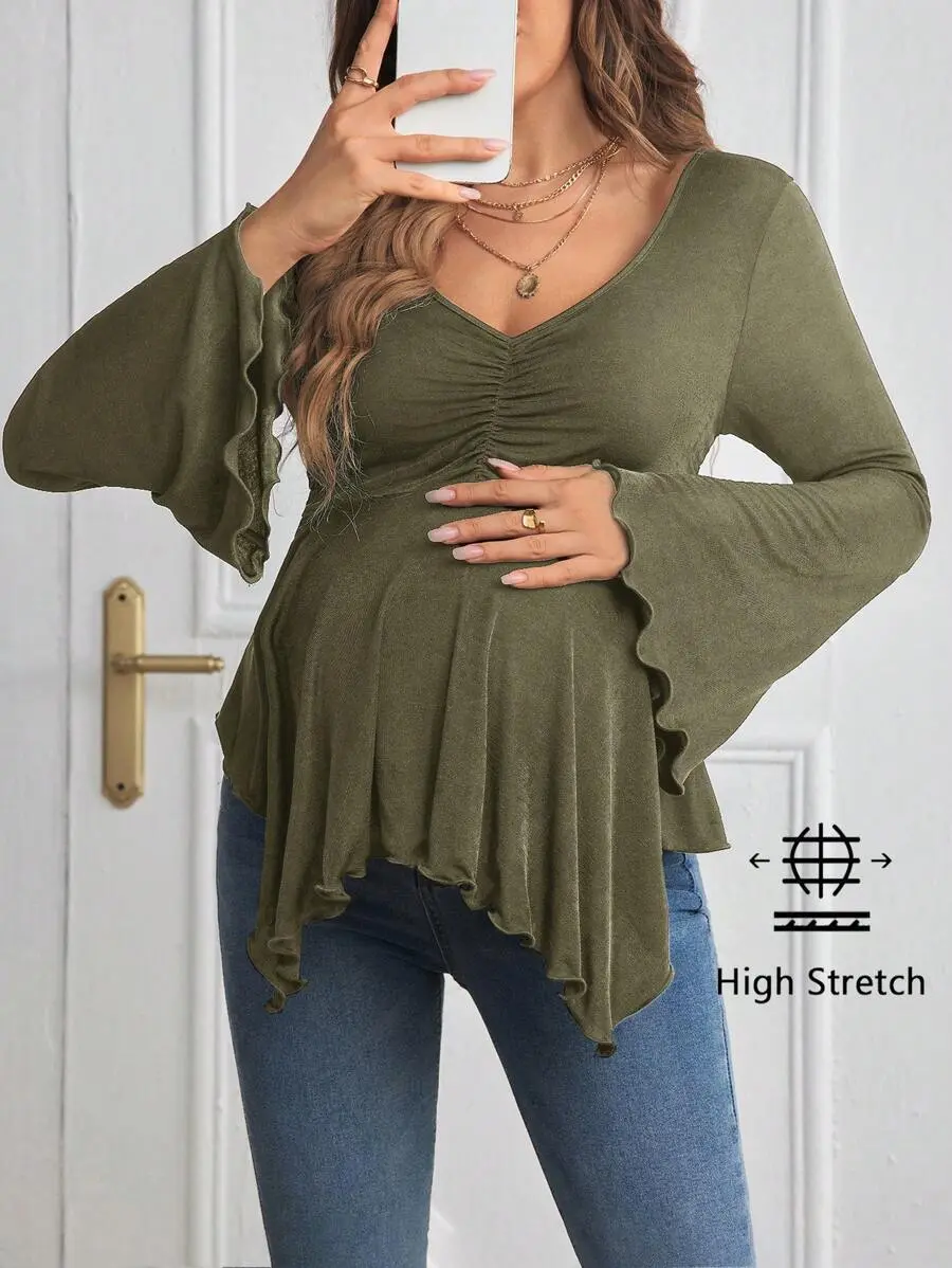 Velia x  Maternity Flounce Sleeve Ruched Lettuce Trim Y2k Style T-Shirt, Black Long Sleeve Tight Fit Maternity Top, Autumn/Winter Fall