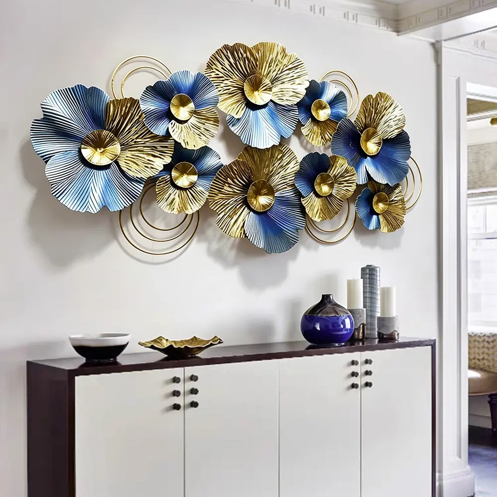 53"L X 24"W Large 3D Metal Wall Art, Modern Blue And Gold Wall Sculpture, Flower Wall Hanging Sculpture For Living Room Bedroom, Elegant Gift For Housewarming Wedding Mother's Day For Homeowners