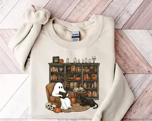 Retro Ghost Reading Books Sweatshirt, Librarian Ghost Halloween, Halloween Teacher Sweatshirt, Halloween Shirt, Teacher Gift